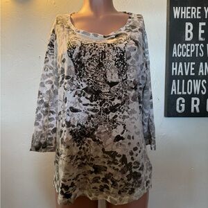 Style & Co Sport Women’s Graphic Shirt with Sheer Detail and Gemstones | Size XL